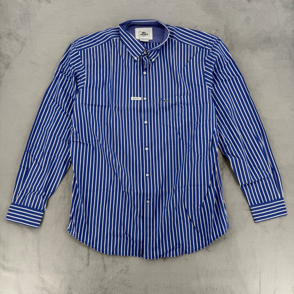 Lacoste Regular Fit Striped Button Down Shirt Mens XL 45 White Cotton Blue - Picture 2 of 16